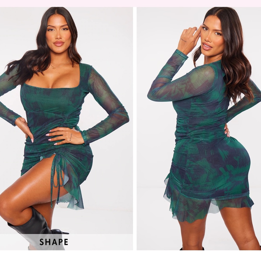 Shape Dark Green Mesh Long Sleeve Ruched Side Frill Hem Bodycon Dress